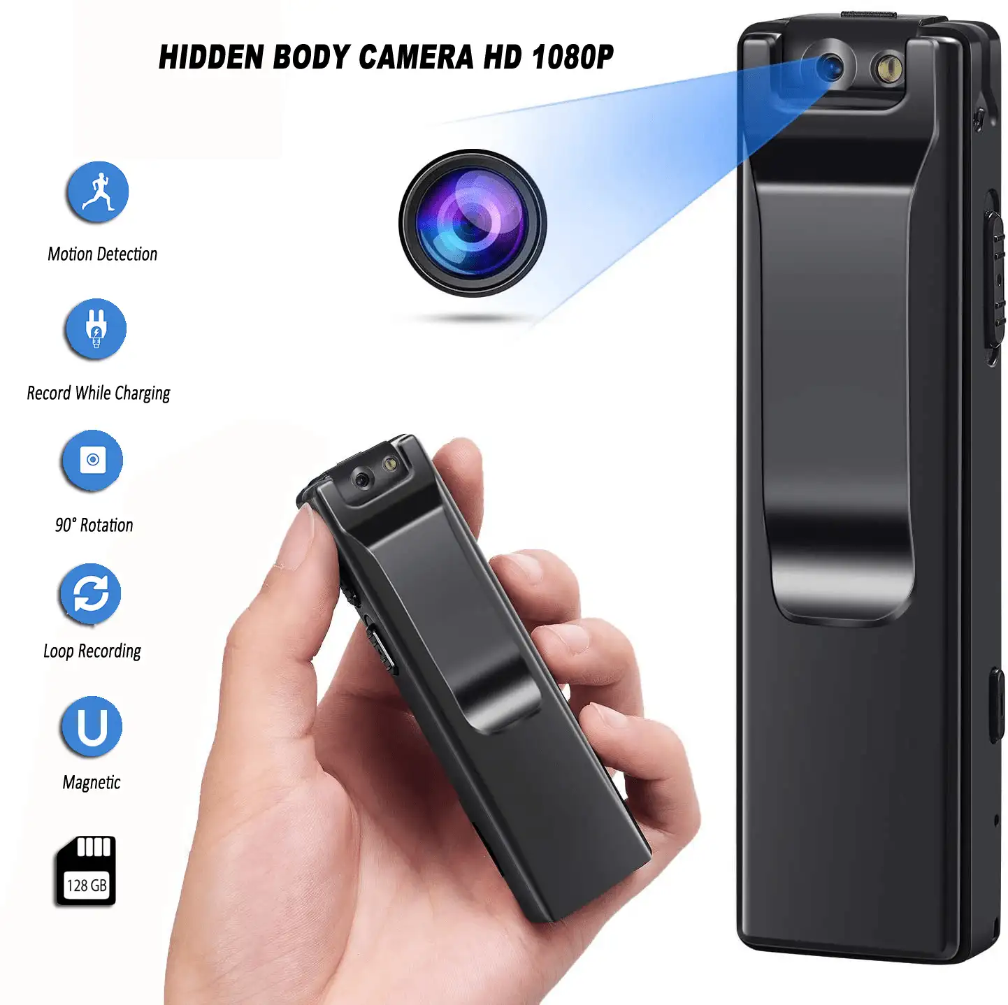 1080P Wearable Body Mounted Camera, Mini Pocket Audio Video Recorder with Metal Body Back Clip, 3 Hours Battery Backup